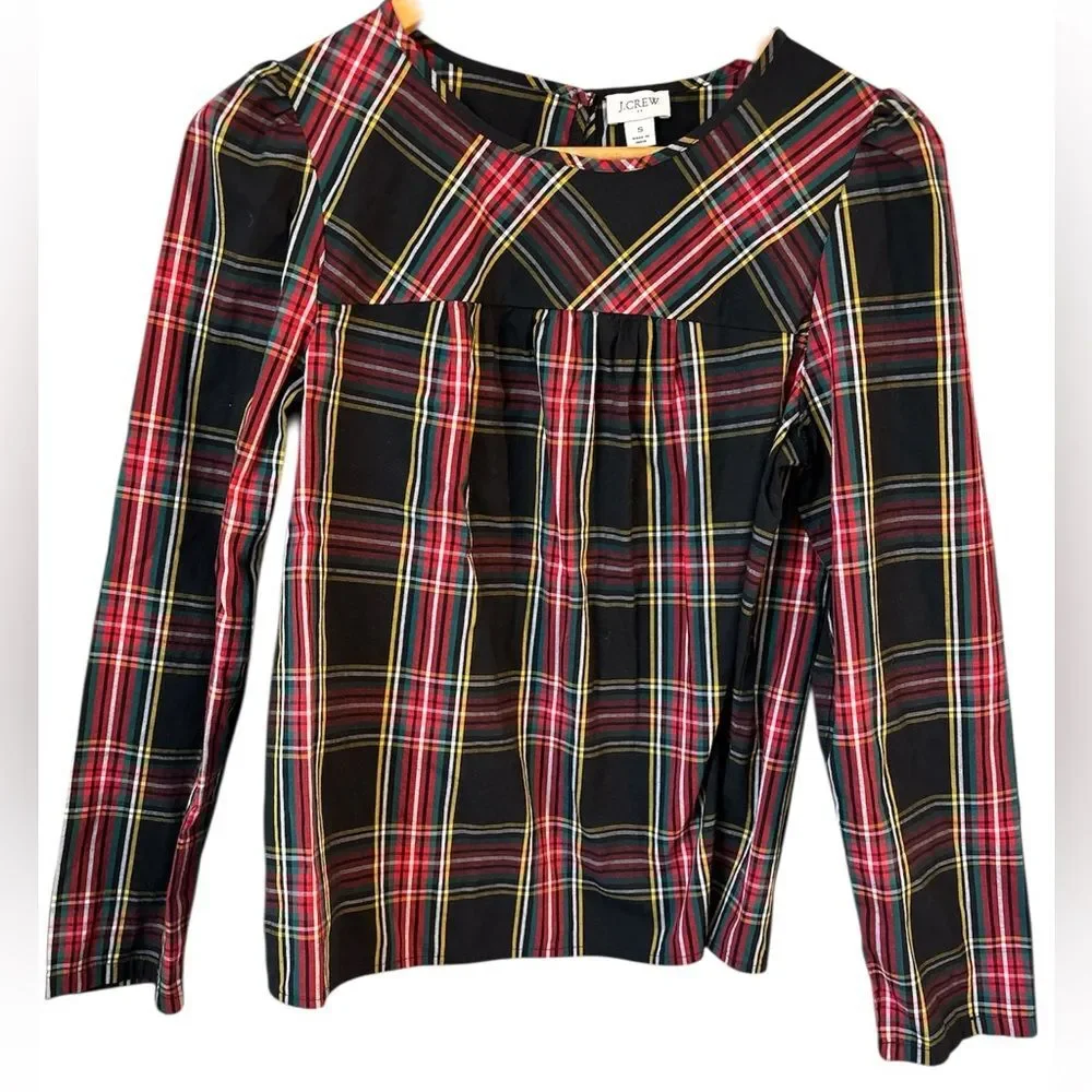 J. CREW Women's Tartan plaid puff-sleeve top Small Career Holiday Preppy
